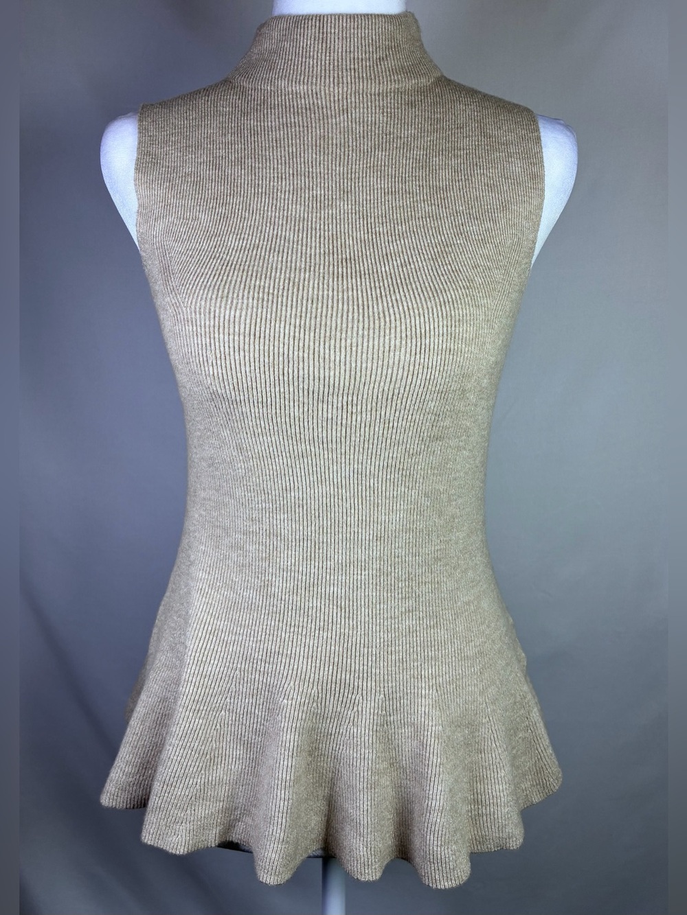 Stitches and Stripes Sleeveless Ribbed Knit Peplum Tank in Beige - Small